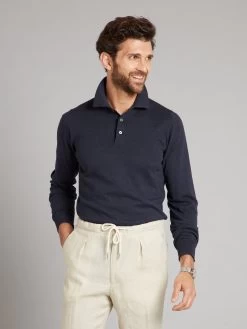Long Sleeve Silk Blend Polo Shirt - Navy