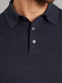 Long Sleeve Silk Blend Polo Shirt - Navy -Clothing store 230403 OliverBrown1304