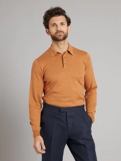 Long Sleeve Silk Blend Polo Shirt - Caramel -Clothing store 230403 OliverBrown1391