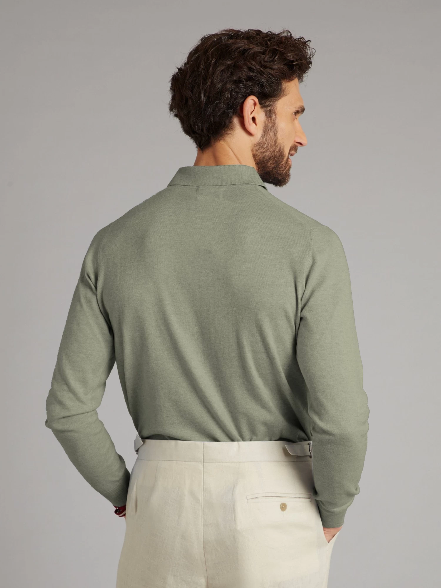 Long Sleeve Silk Blend Polo Shirt - Sage Green 5 Long Sleeve Silk Blend Polo Shirt - Sage Green - Image 3
