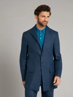 Mandarin Collar Linen Jacket - Navy