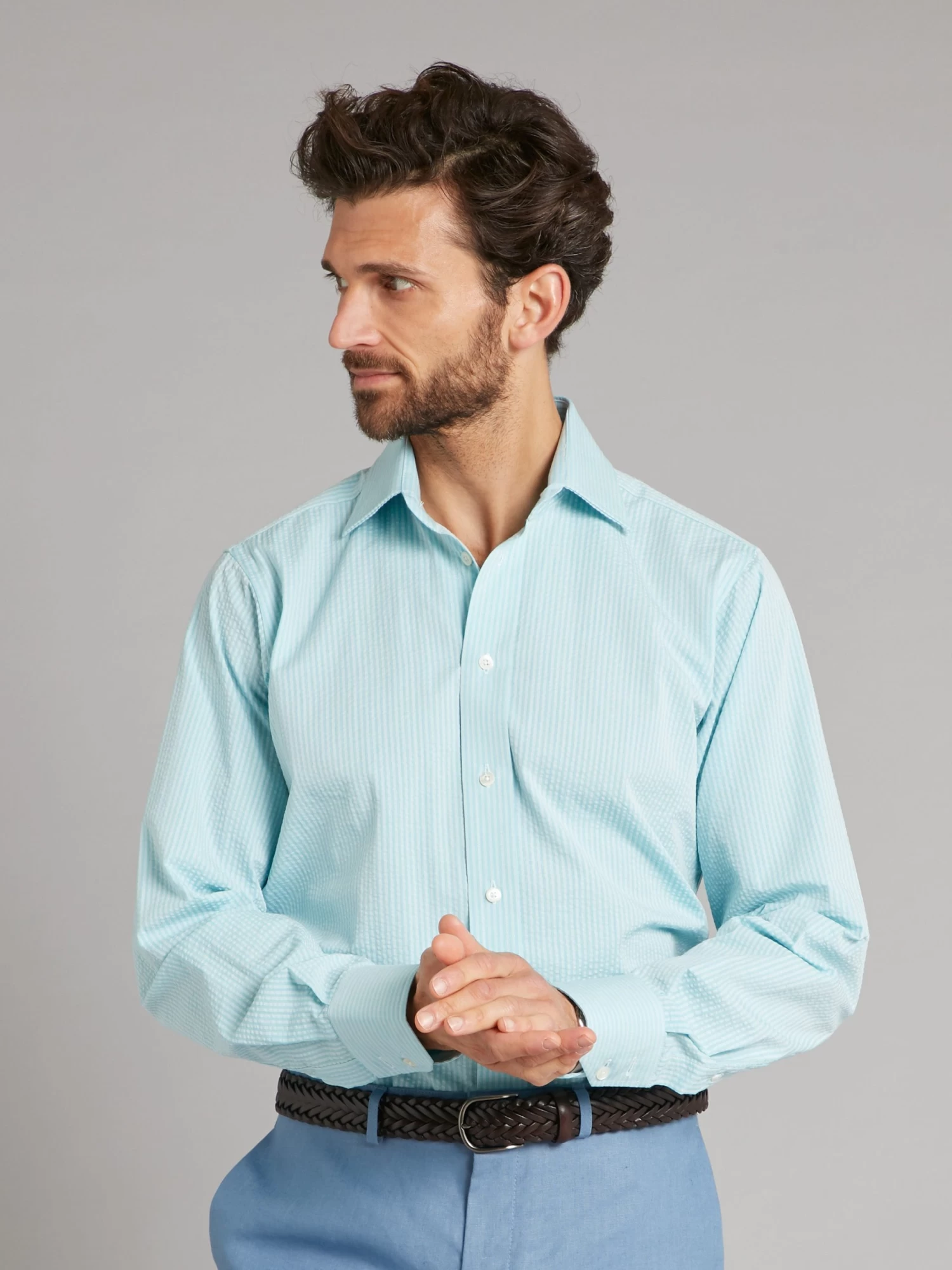 Regular Fit Shirt - Seersucker Turquoise 3 Regular Fit Shirt - Seersucker Turquoise