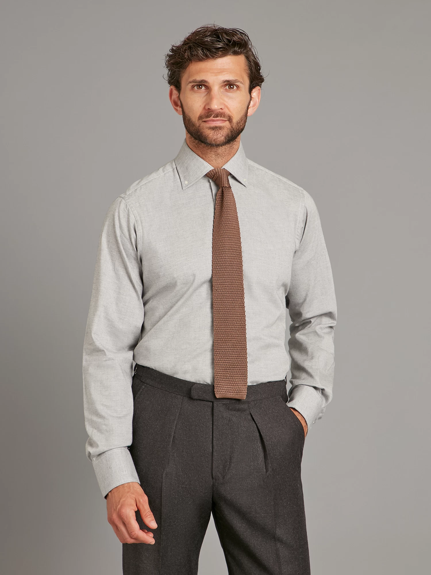 Button Down Shirt - Cotton Melange - Light Grey 3 Button Down Shirt - Cotton Melange - Light Grey