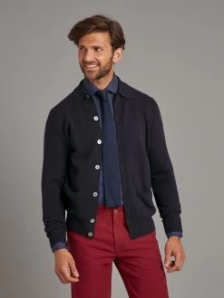 Button Down Cardigan With Collar - Dark Navy