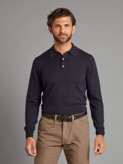 Fine Merino Long Sleeve Polo Shirt - Navy