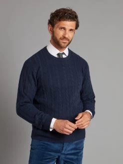Cashmere Cable Crew Neck Jumper - Navy