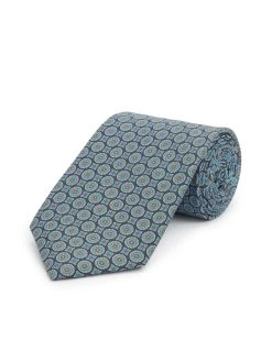 Silk Tie; Medallion Motif - Navy