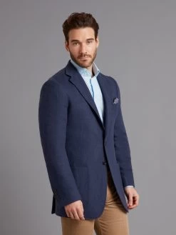 Unstructured Pure Cashmere Jacket - Blue Herringbone