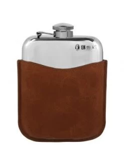 6oz Captive Top Hip Flask With Pouch Brown