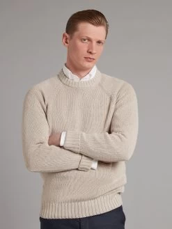 Crew Neck Jumper Cotton Linen Blend - Beige