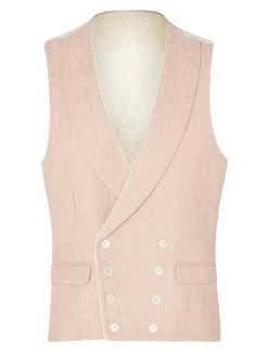 Double Breasted Waistcoat With Piping - Pale Pink Herringbone