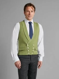 Double Breasted Wool Waistcoat With Piping - Green