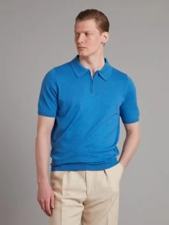 Half Zip Silk Blend Polo Shirt - Blue