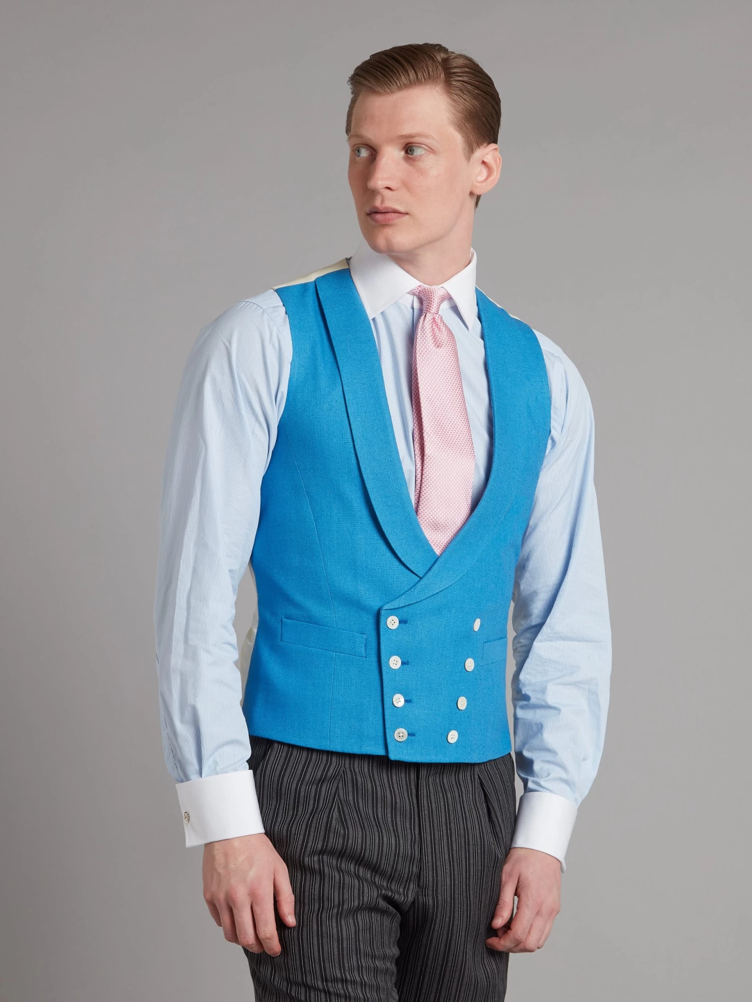 Pure Silk Double Breasted Waistcoat - Mid Blue 4 Pure Silk Double Breasted Waistcoat - Mid Blue - Image 2