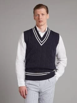 Sleeveless Cricket Jumper - Navy/Ecru