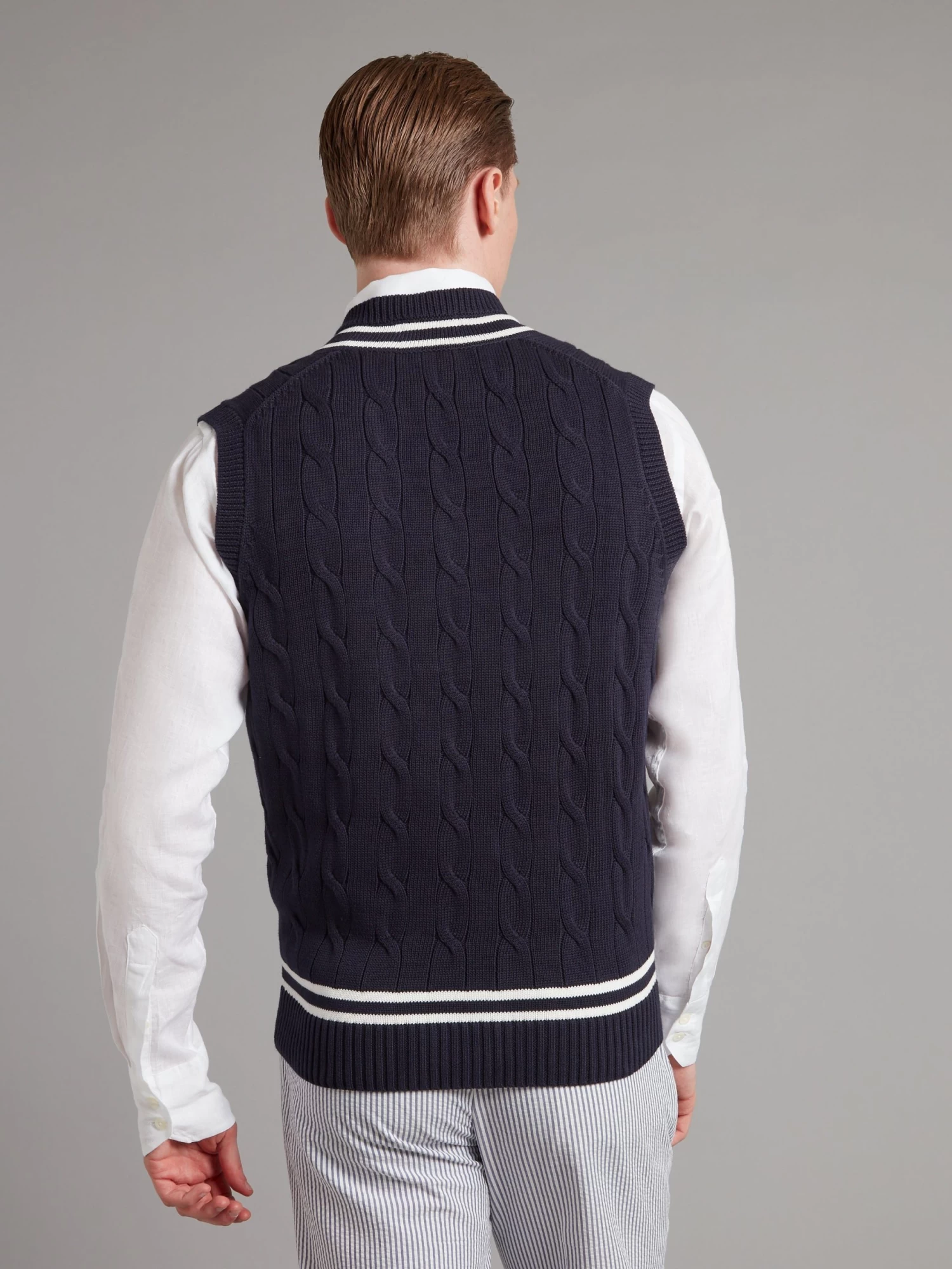 Sleeveless Cricket Jumper - Navy/Ecru 5 Sleeveless Cricket Jumper - Navy/Ecru - Image 3