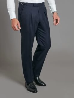 Pleated Suit Trousers - Navy Herringbone